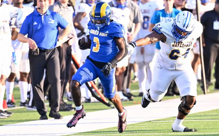 Angelo State cornerback Andrew Pitts records his fifth interception of the season against Texas A&amp;M-Kingsville on Saturday, Oct. 12, 2024.