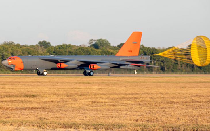 B-52H Stratofortress with a special orange paint scheme as it begins to slow down after landing at Barksdale Air Force Base, La., Sept. 30, 2024. (U.S. Air Force photo by Airman 1st Class Aaron Hill)