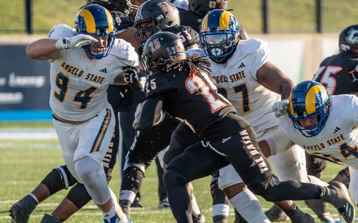 The Angelo State Rams' defense swarms a UT Permian Basin ball carrier during their 36-7 win Saturday, Oct. 5, 2024, in Midland.