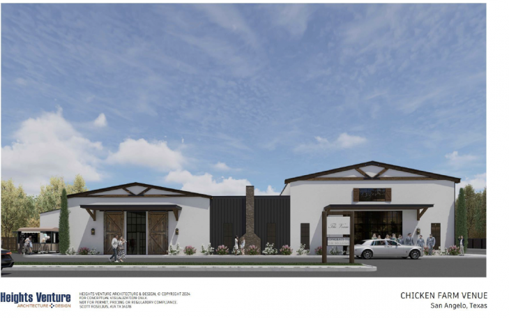 A conceptual rendering of the proposed upgrades to the Chicken Farm Venue at 2505 Martin Luther King Blvd. The $75,000 TIRZ funding will enhance the facility’s facade, improve drainage, and add new cultural features. (Heights Venture Architecture &amp; Design)