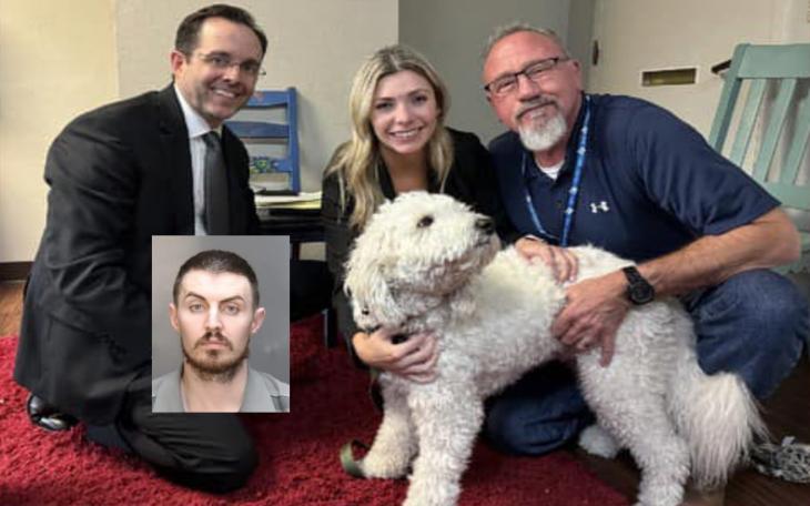 Prosecutors Ryan Calvert and Alyssa Killin, along with Investigator Keith Kitt, gather with Titan, the microchipped dog whose loyalty and presence helped police identify Mandy Reynolds’ killer. Inset: Derek Daigneault, convicted of Reynolds’ murder.