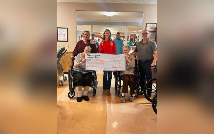 From left to right, back row: Christine Timms, Sealie Hughes, Ray Watt. Front row: Sondra and Beverly, residents of San Angelo Nursing and Rehab, hold the $1,000 scholarship check presented to Hughes.