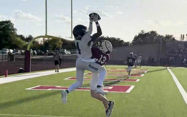 Liberty Christian's Jaylon Hawkins catches a touchdown pass in the Brownwood scrimmage.