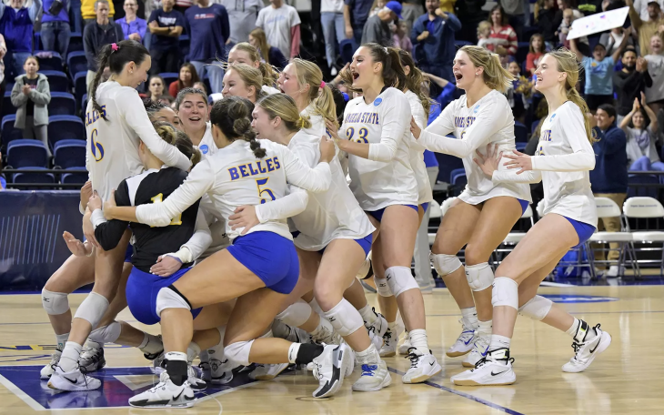 The Angelo State Rambelles celebrate after winning the NCAA Division II South Central Regional Volleyball Tournament on Sunday, Dec. 8, 2024.