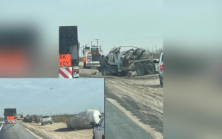 A truck was severely damaged in a crash Monday morning on RM 1492 near Midkiff. 