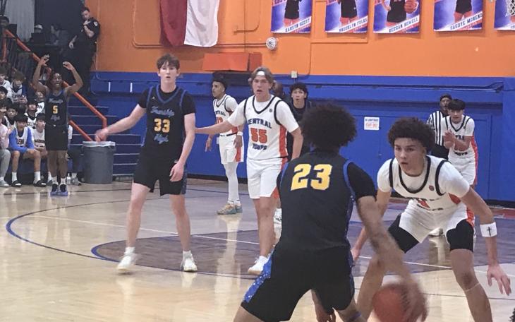 San Angelo Central's TK Taylor defends Frenship's Patton Pinkins in a basketball game at Central's Babe Didrikson Gym on Friday, Jan. 31, 2025.