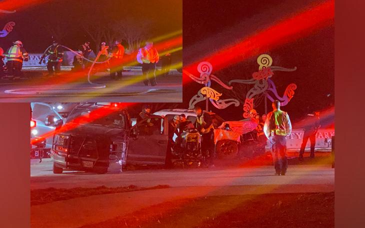 Firefighters worked to douse smoke coming from a vehicle following a three-car crash Thursday night at the intersection of South Bell Street and Rio Concho Drive on Jan. 30, 2025. 