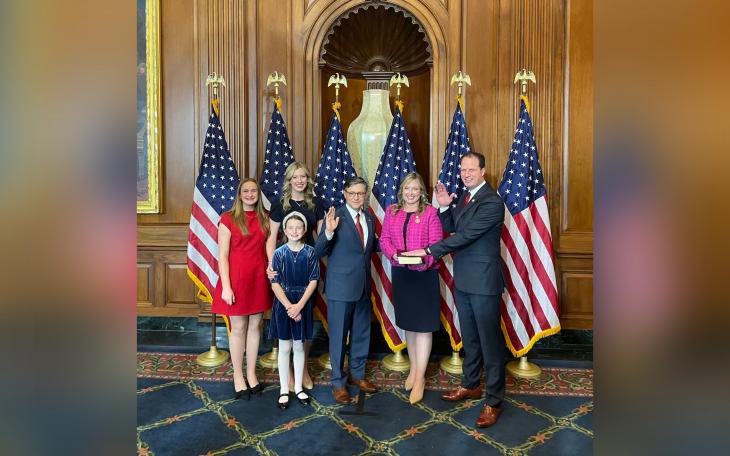 Rep. Pfluger pictured in Washington today with Speaker Mike Johnson, his wife, Camille, and their three daughters.