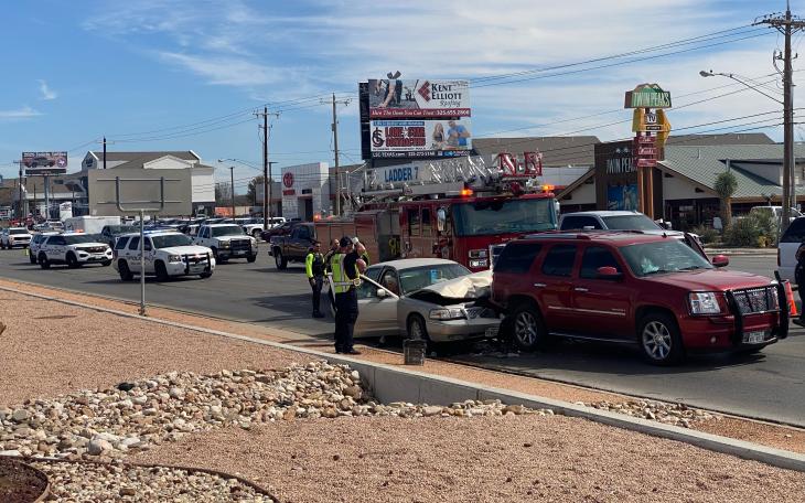 A two-vehicle crash at the intersection of South Jackson Street and Knickerbocker Road on Tuesday afternoon resulted in three people being transported to a hospital for evaluation.