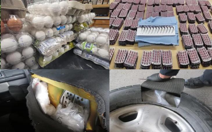 (Top Left) Eggs confiscated by CBP agriculture specialists. (Top Right) Rooster gaffs and animal steroids seized by CBP officers. (Bottom Left) Methamphetamine bundles in the vehicle seat. (Bottom Right) Methamphetamine bundles in the spare tire.