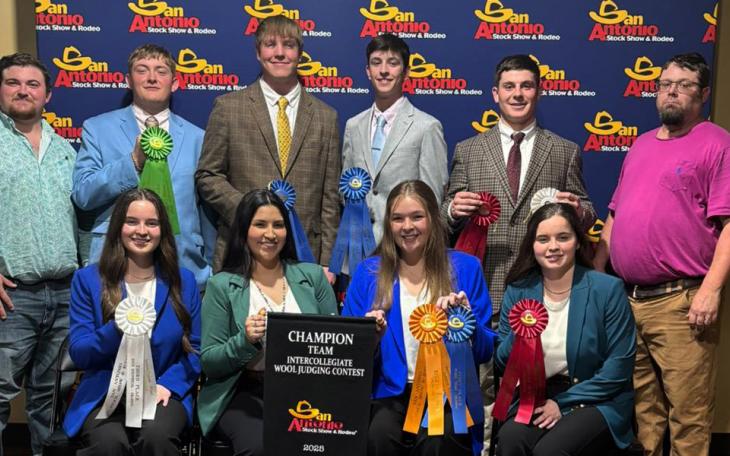 The Angelo State University Wool Judging Team celebrates its first-place finish at the 2025 San Antonio Stock Show and Rodeo Collegiate Wool Judging Contest. ASU’s Blue Team secured the championship title, defeating teams from Texas A&amp;M and West Texas A&amp;M. Team members are pictured with their awards and coaches following the competition.