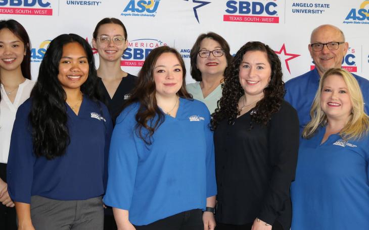 ASU SBDC Staff: Back (L-R) Mi Ha Vu (grad student), Anjelina Humphreys (grad student), Annie Jones, Dave Erickson; Front (L-R) Inglai Hangaripaii (grad student), Katelyn Polk, Elisabeth Dantzler, Dezaray Johnson. 