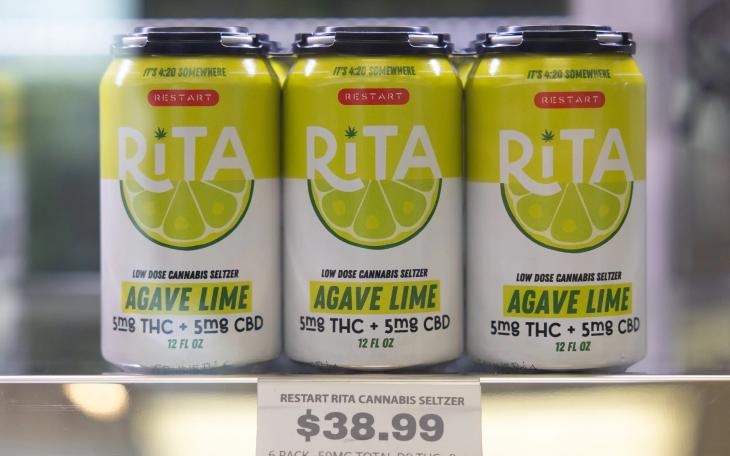 Restart CBD displays beverages in a refrigerator on May 9, 2024 in Austin. Credit: Maria Crane/The Texas Tribune