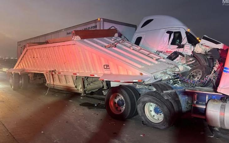 A crash involving four semi trucks in Midland shut down Interstate 20 on Wednesday morning and sent three people to the hospital.