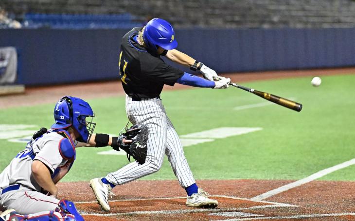 Angelo State's Justin Harris drove in a run during the Rams' loss to Lubbock Christian on Thursday in their Lone Star Conference Tournament opener.
