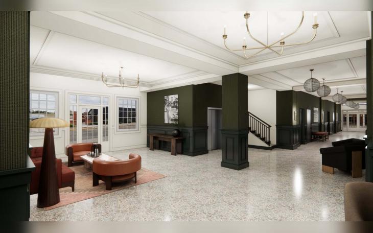 Renderings show the planned design of the lobby and common areas inside the Roosevelt Lofts, a 25-unit senior housing redevelopment underway at 50 N. Chadbourne St. in downtown San Angelo.  Photos from: Roosevelt Lofts Facebook