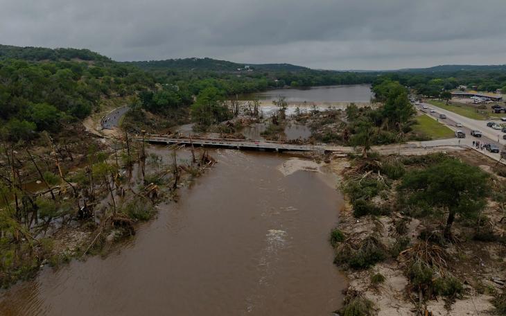 An aerial view of damage along the Guadalupe River near Kerrville on July 5, 2025. Heavy rains in the Hill Country on July 4 caused catastrophic flooding and loss of life.