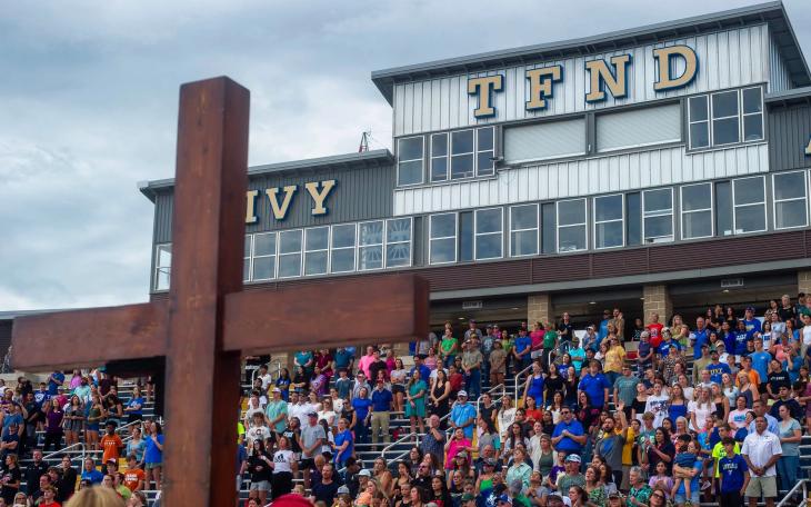 A crowd gathered at Antler Stadium in Kerrville on Wednesday night to remember the victims, many of whom still haven't been found, from the devastating July 4 flood.