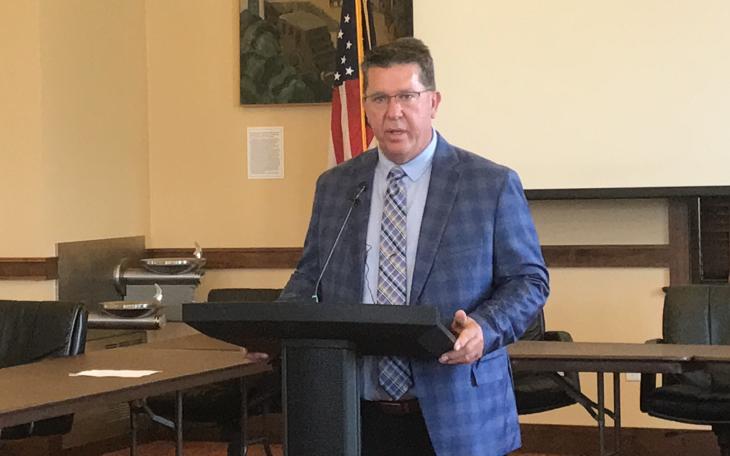 San Angelo Mayor Tom Thompson speaks at a press conference regarding flood recovery efforts on Friday, July 11, 2025.