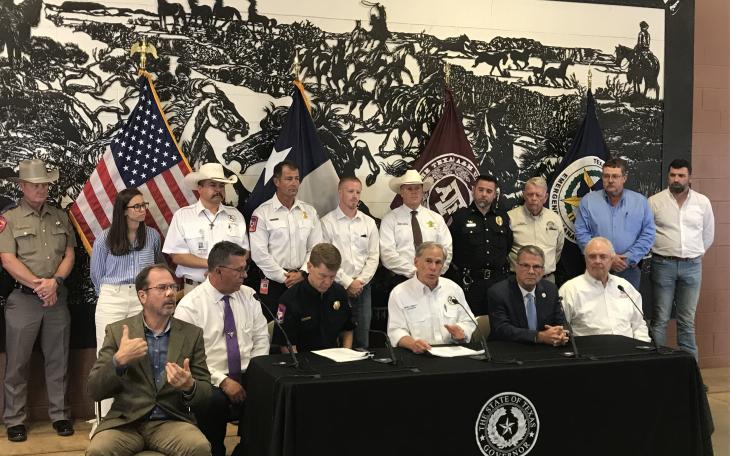 Greg Abbott speaks during a press conference in San Angelo regarding flood relief efforts in Tom Green County on Thursday, July 17, 2025.