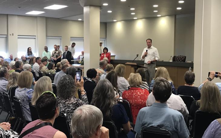 A vocal crowd showed up to greet Rep. August Pfluger during a town hall meeting Monday in San Angelo. A vocal crowd showed up to greet Rep. August Pfluger during a town hall meeting Monday in San Angelo.