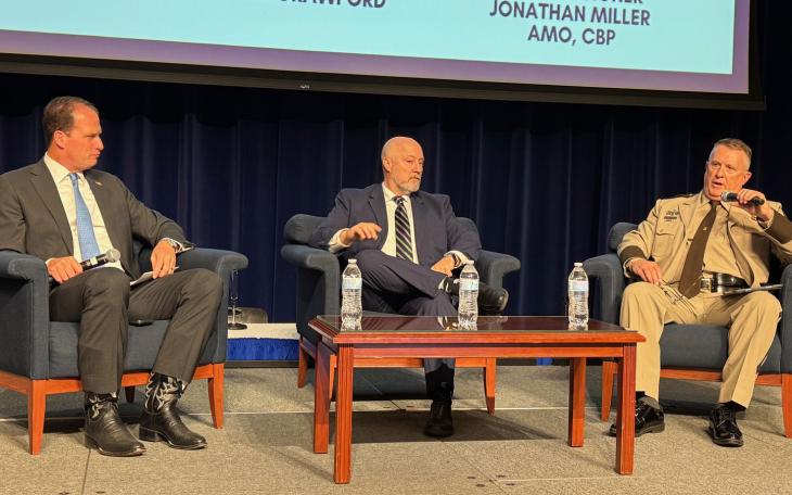 Rep. August Pfluger (R, CD-11, TX) hosted a panel discussion with Griffin Decker, staff director of the House Permanent Select Committee on Intelligence (HPSCI) under the committee's Chairman Rep. Rick Crawford (R-AR); and Asst. Commissioner Jonathan Miller, AMO, CBP at the West Texas Legislative Summit on July 29, 2025.