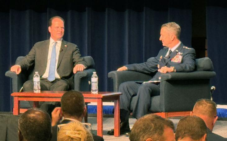 Congressman August Pfluger (left) interviews Chairman of the Joint Chiefs of Staff General Dan &quot;Razin&quot; Caine at the 2025 West Texas Legislative Summit. 