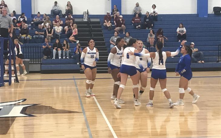 The Lake View Maidens celebrate a point against Bronte on Friday, Aug. 22, 2025, at the Nita Vannoy Memorial Volleyball Tournament.