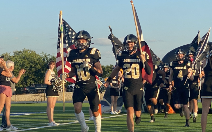 The Gordon Longhorns run onto the field before their football game against the Richland Springs Coyotes on Thursday, Aug. 28, 2025, in Priddy.