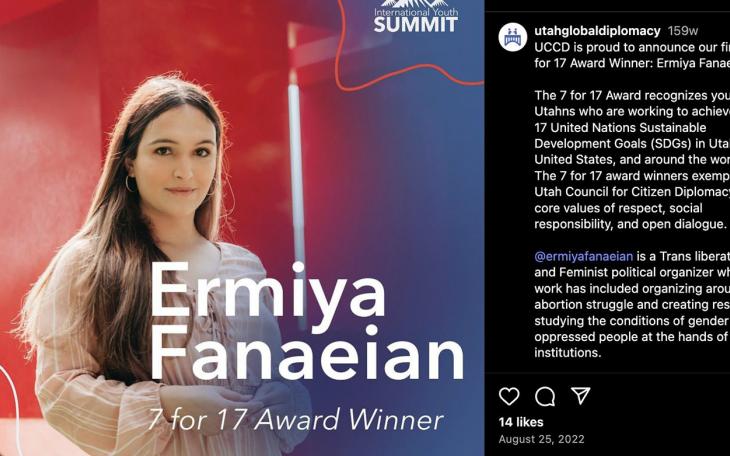 State Department &amp; UN ties to Armed Queers SLC leader now confirmed. This is trasn-activist Ermiya Fanaeian, an award-winning trans liberation and feminist political organizer tied to a Utah trans-activist group allegedly working with a Texas group.