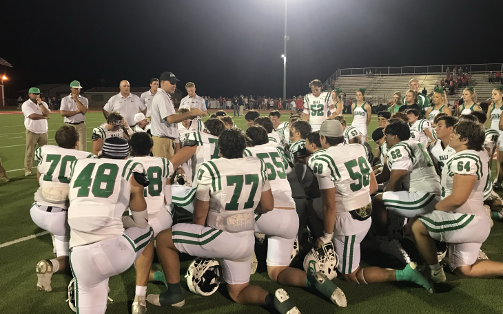 Wall head football coach Craig Slaughter talks to his team following their 24-0 win over Jim Ned on Friday, Sept. 12, 2025.
