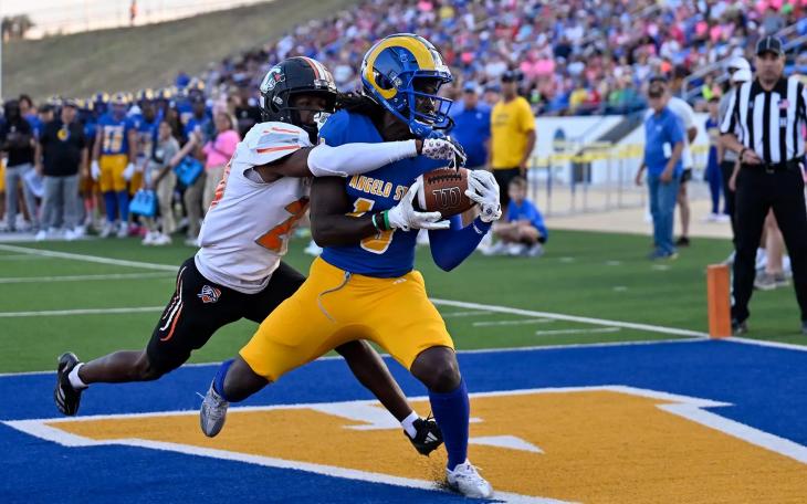 Angelo State wide receiver Corey Sandolph hauls in a touchdown pass from Braeden Fuller against UT Permian Basin on Saturday, Oct. 4, 2025.
