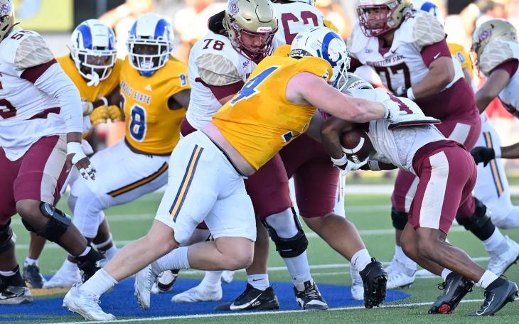 Owen Seaver makes a tackle for Angelo State during the Rams' 48-28 win over Midwestern State on Saturday, Oct. 18, 2025.