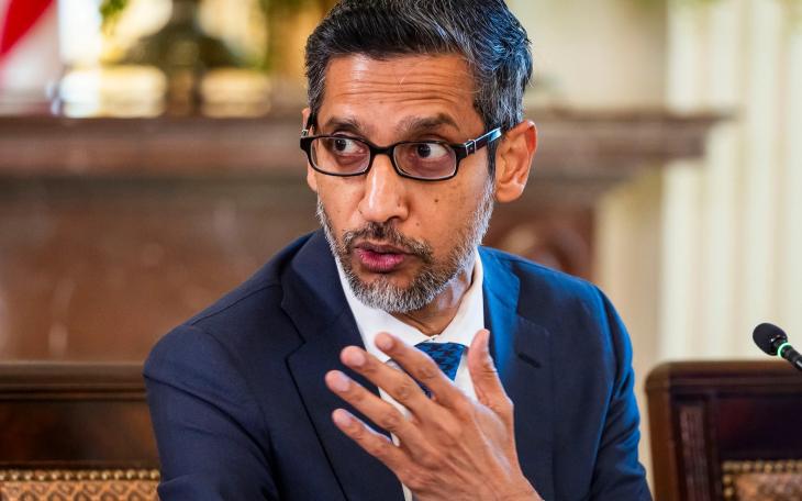 Google CEO Sundar Pichai attends a White House Task Force on AI Education in the East Room of the White House in Washington on Sept. 4, 2025