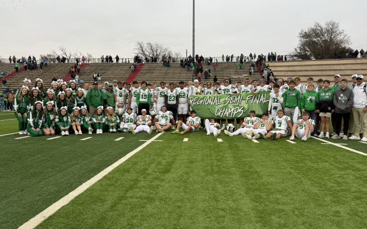 The Wall Hawks celebrate after their 56-7 win over Slaton in the regional semifinals on Friday, Nov. 28, 2025.