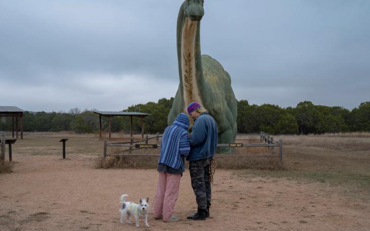 Nicholas Hanson and Haley Write of Austin with their dog Beans at Dinosaur Valley State Park on Nov. 7, 2025. A proposed transmission line could be visible from the park.