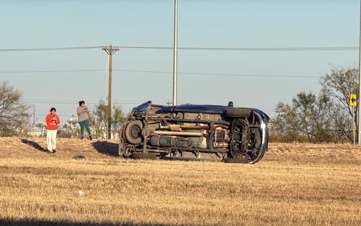 A car rolled over on its side Tuesday afternoon on the Houston Harte frontage road.