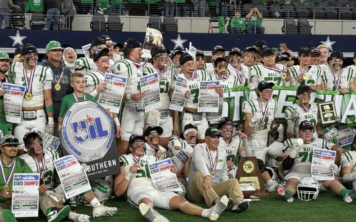 The Wall Hawks celebrate their 25-24 win over Newton in the Class 3A Division II state final on Thursday, Dec. 18, 2025, at AT&amp;T Stadium in Arlington.