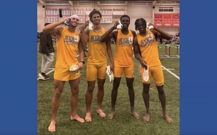 William Opare (second from right) poses with Rami Balti, Taylor Briggs, and Jahleel Armstrong after the 4x400 meter relay.