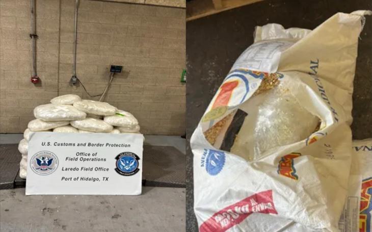(Left) Packages containing 1,156 pounds of methamphetamine seized by CBP officers at Pharr International Bridge. (Right) A package of methamphetamine within a sack of oat flakes.