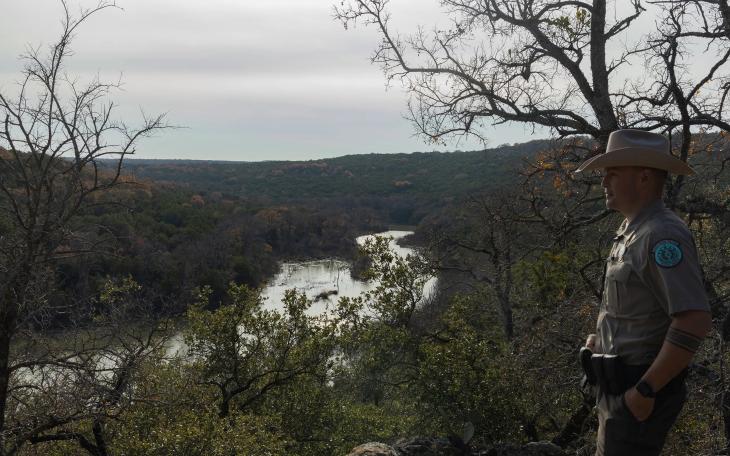 Park Superintendent James Adams looks out at Russell Creek, which feeds into Tucker Lake at Palo Pinto Mountains State Park near Strawn on Dec. 15, 2025. The park, expected to open in 2026, offered guided hikes on New Years Day to guests who made reservations.