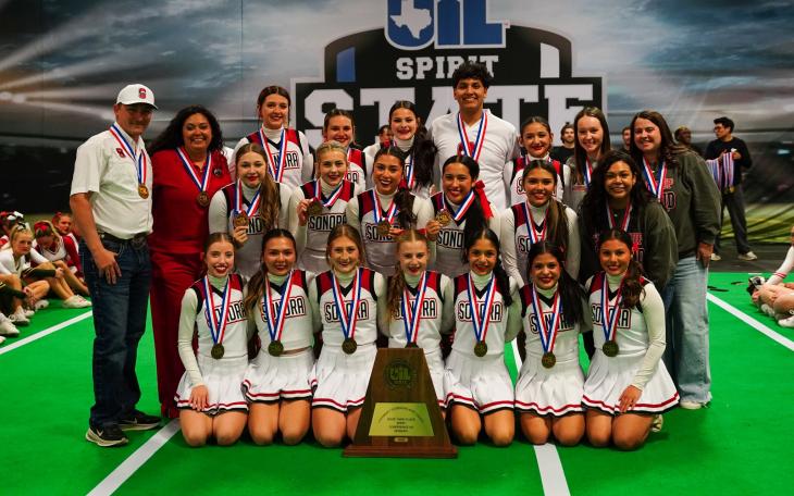 The Sonora cheerleading team took third place Thursday at the UIL Spirit State Championships.