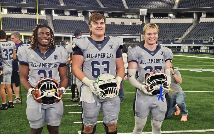Central Bobcats' Jaekob Jackson (Left) and Mason Van Sickle (Right) with Wall Hawks' Baine Jenschke (Middle) at the Blue vs. Grey All-American Bowl in Arlington