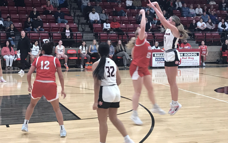 Ballinger's Ashtyn Wilson fires a 3-pointer against Miles on Wednesday, Jan. 28, 2026.
