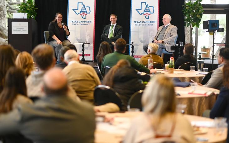 State Sen. Nathan Johnson, middle, and Rep. Drew Darby, right, discussed the future of cannabis in Texas on Friday. Jack Myer for the Texas Tribune