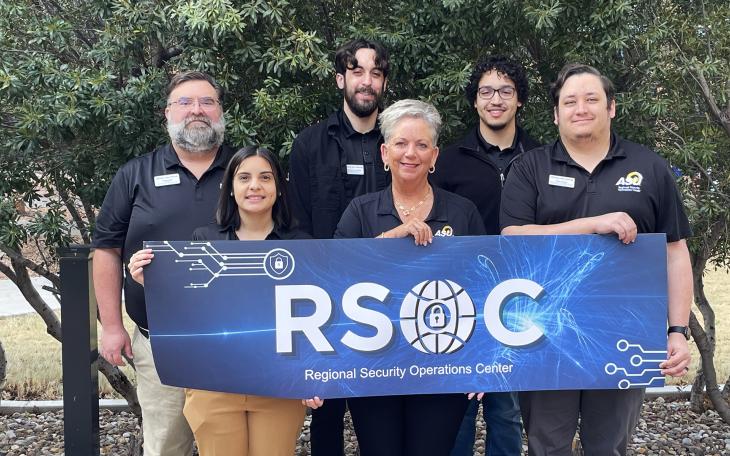 (Back L-R) Russell Ezzell, RSOC manager; Nic Diaz, cyber engineer; Gideon McMickle, cyber engineer - (Front L-R) Hailey Lowden, cyber engineer; Becky Bray, procurement specialist; Kolten Sinclair, cyber engineering team lead.