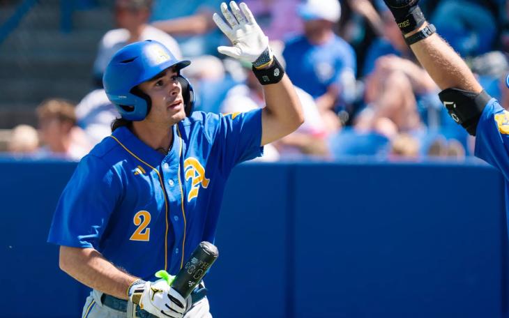 Angelo State's Chase Pendley celebrates with a teammate during the 2025 season.