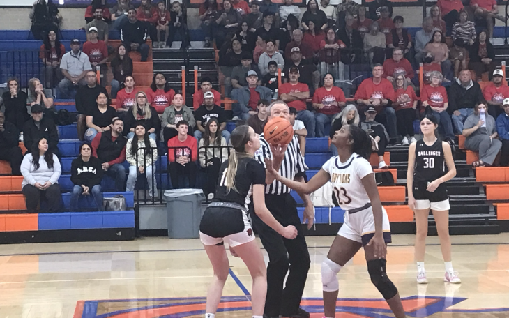 Ballinger's Ysee Le Borgne and Ozona's Aaliyah Renteria prepare for the opening tip of their playoff game Monday, Feb. 16, 2026.