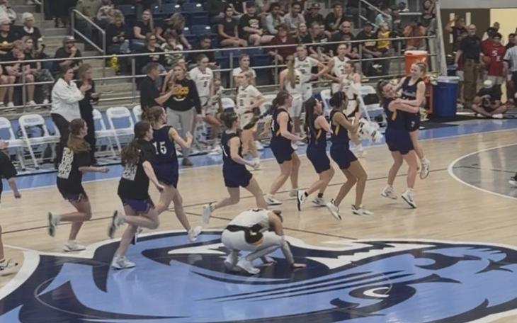 The Panhandle girls basketball team celebrates after its state semifinal win over Cisco on Tuesday, March 3, 2026.