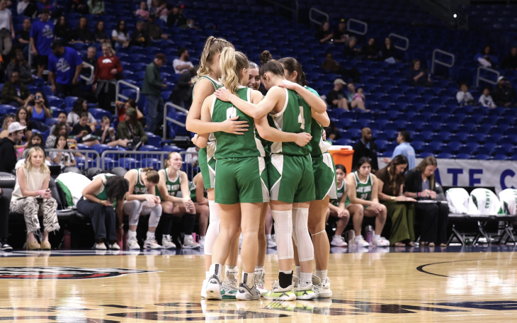 The Wall Lady Hawks huddle during the Class 3A Division II state final Friday, March 6, 2026.